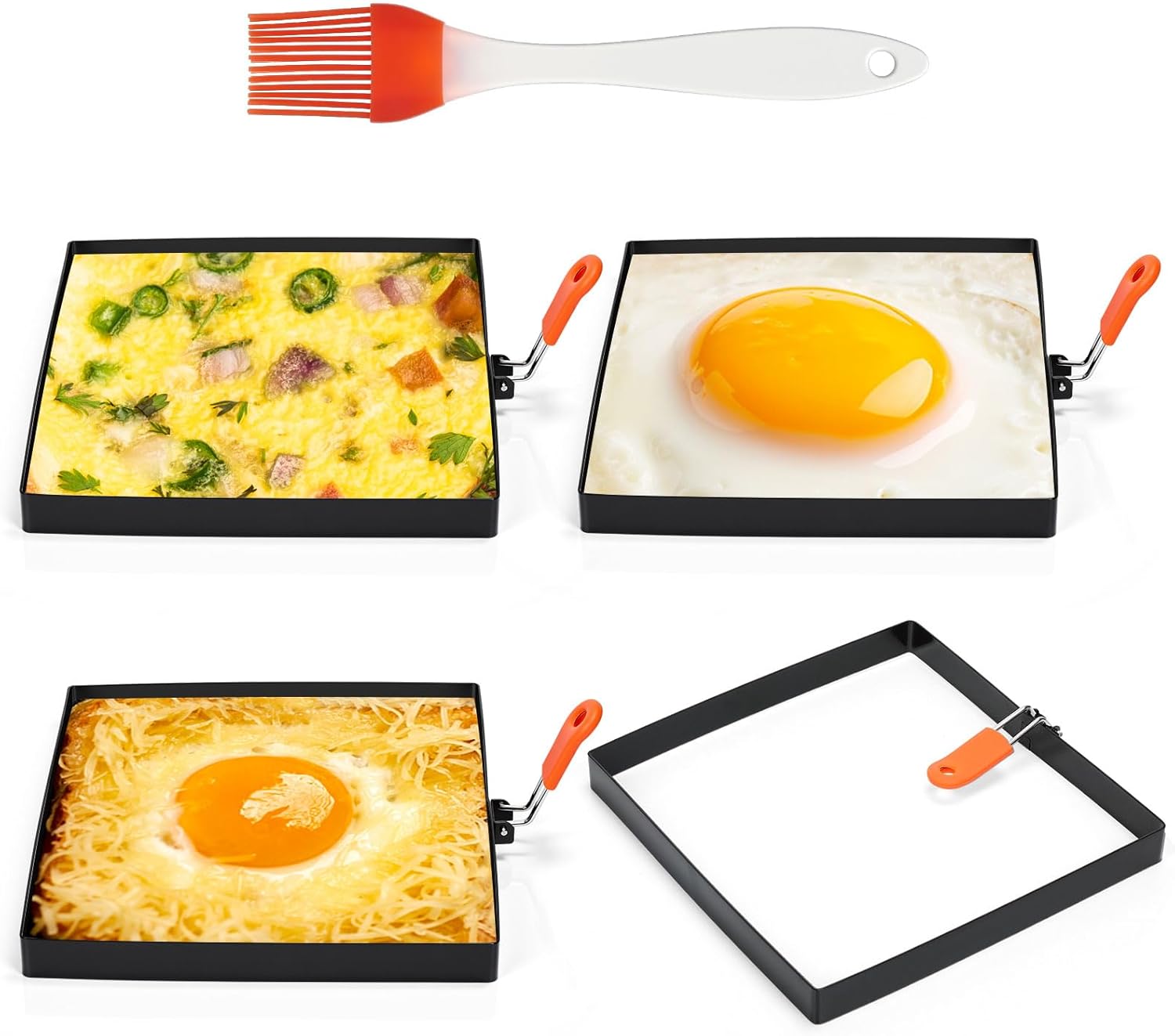 Patelai 8 Inch Non-Stick Square Egg Rings Pancake Molds set on a kitchen countertop with batter and eggs