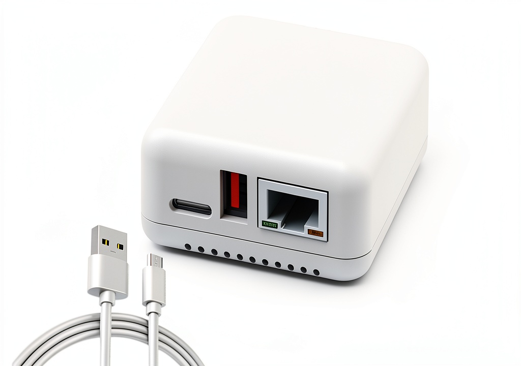 Sxhlseller USB Print Server installed on a desk beside a laptop