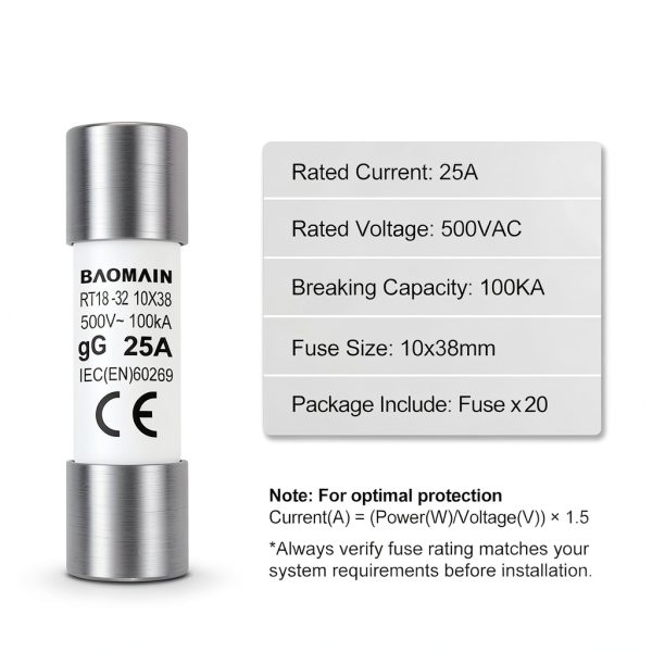 Baomain 20-Pack 25A Fuse Link RT18-32 Ceramic Tube 10x38mm 500V 100KA-3