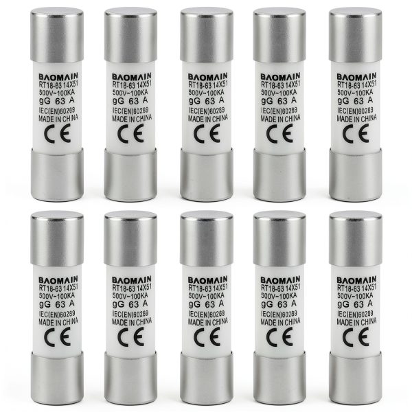 Baomain 10-Pack 63A Fuse Link RT18-63 Ceramic Tube 14x51mm 500V 100kA-0