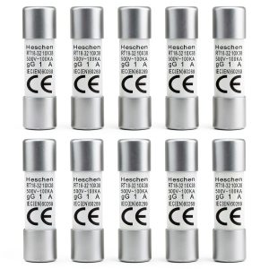 Heschen Cylindrical Ceramic Tube Fuse Link, RT18-32 (RO15), 10×38 mm, 1A 500V, CE, Pack of 10-0