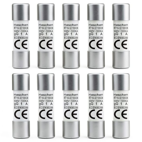 Heschen Cylindrical Ceramic Tube Fuse Link, RT18-32 (RO15), 10×38 mm, 1A 500V, CE, Pack of 10-0
