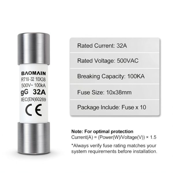Baomain 10-Pack 32A Fuse Link RT18-32 10x38mm Tube 400V CE Listed-3