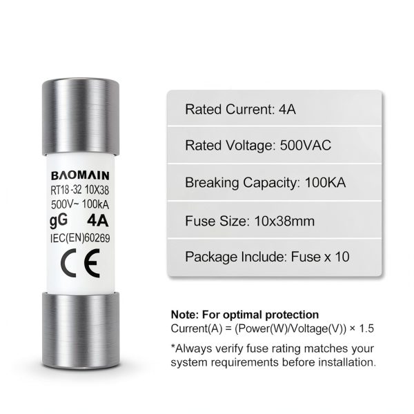 Baomain 10-Pack 4A Fuse Link, RT18-32 (RO15 RT14 RT19), Cylindrical Ceramic Tube 10x38mm 500V CE Listed-3