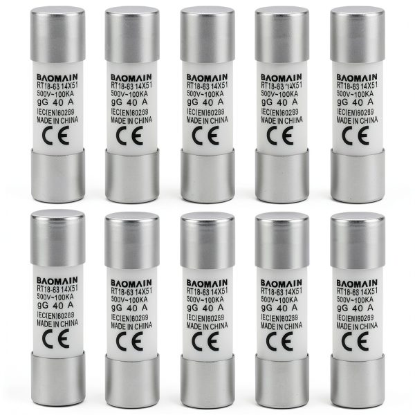 Baomain 10-Pack 40A Fuse Link, RT18-63 (RO16 RT14 RT19), Cylindrical Ceramic Tube 14x51mm 500V CE Listed-0