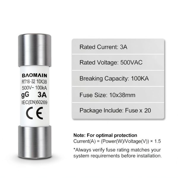 Baomain 20-Pack 3A Ceramic Fuse Links RT18-32 500V/690V 10x38mm-3