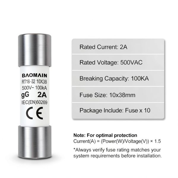 Baomain 10-Pack 2A Fuse Link, RT18-32 (RO15 RT14 RT19), Cylindrical Ceramic Tube 10x38mm 500V CE Listed-3