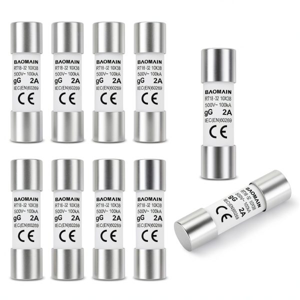 Baomain 10-Pack 2A Fuse Link, RT18-32 (RO15 RT14 RT19), Cylindrical Ceramic Tube 10x38mm 500V CE Listed-0